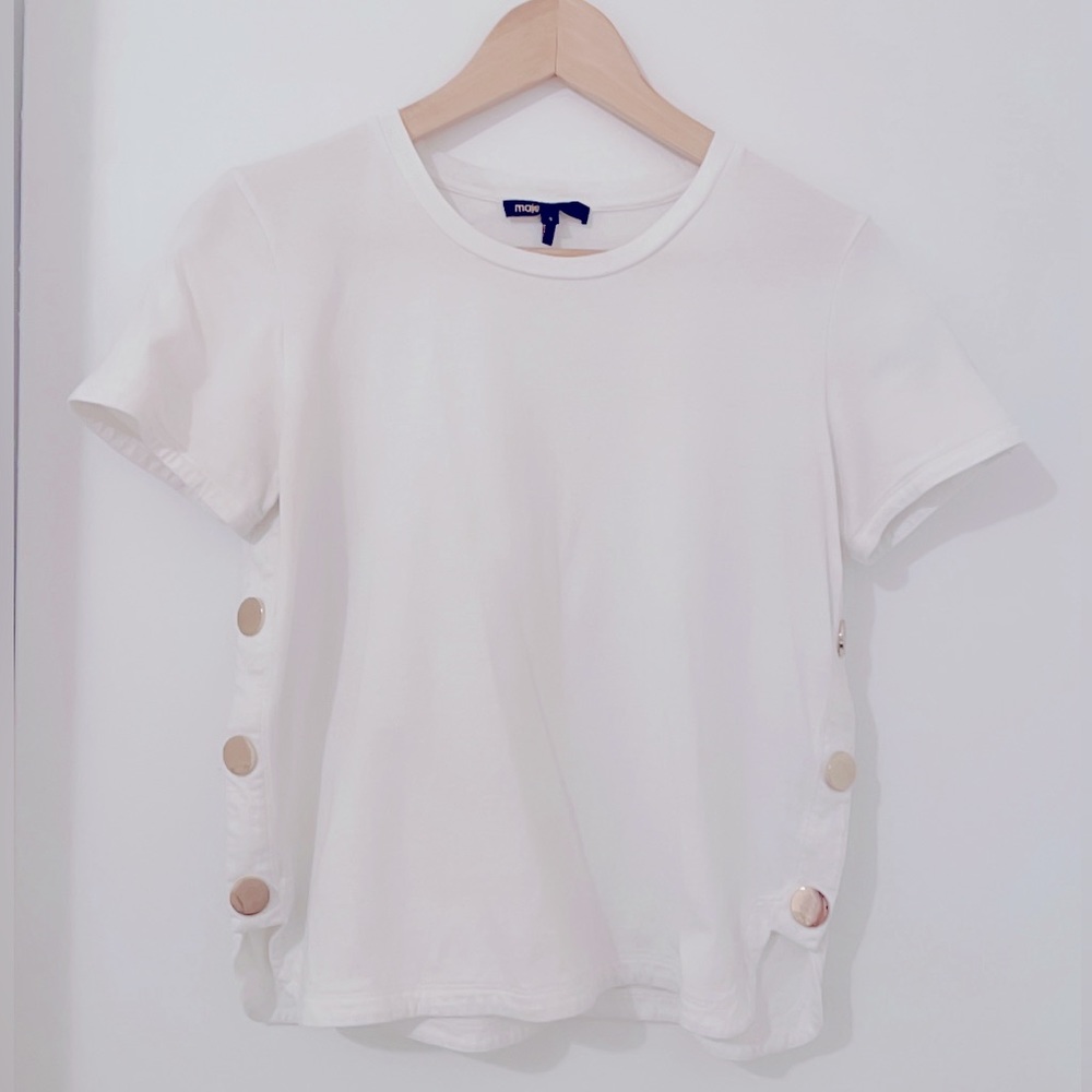 Maje White Short Sleeve Tee with Side Button Detail